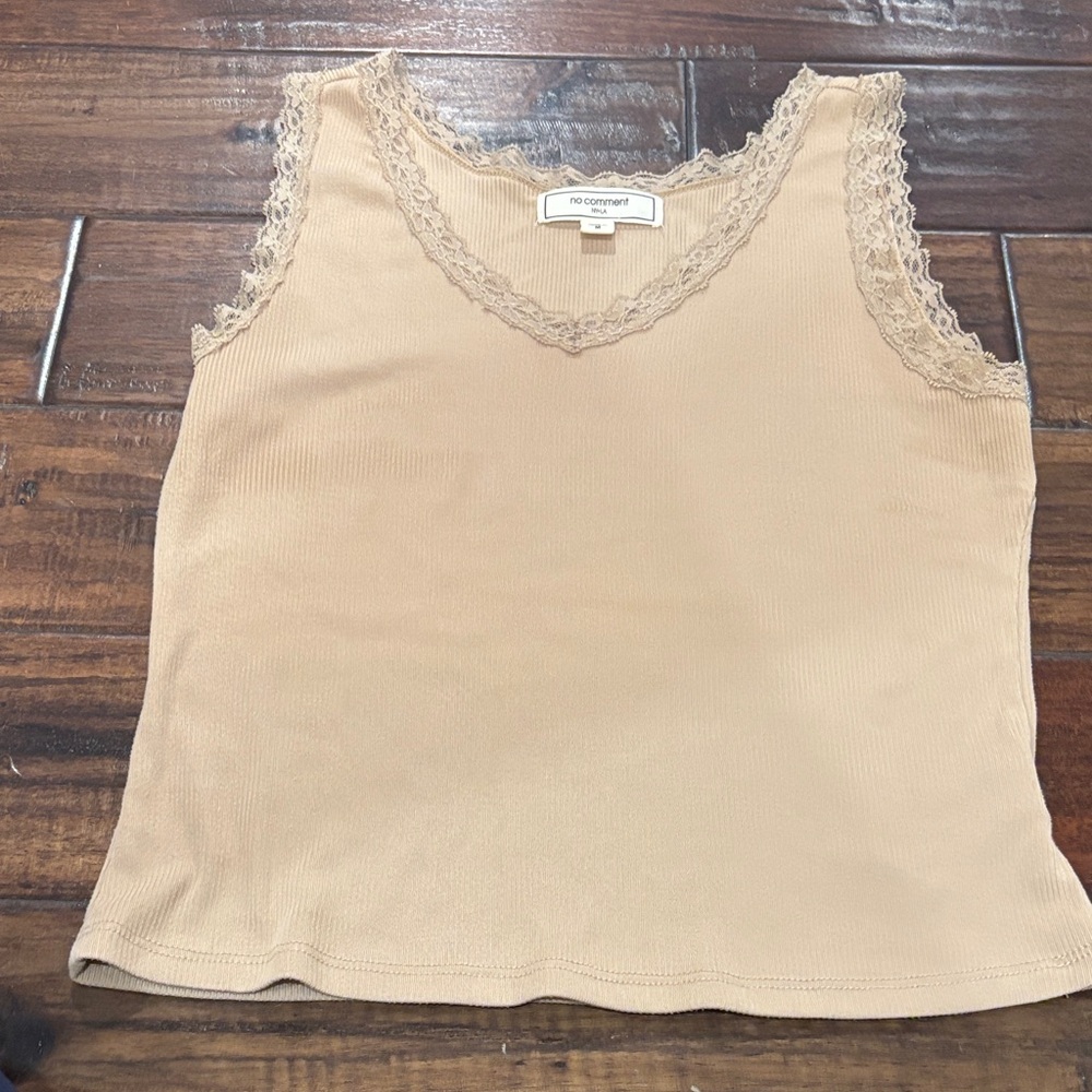 No Comment Lace-Trim Ribbed Camisole in Light Beige